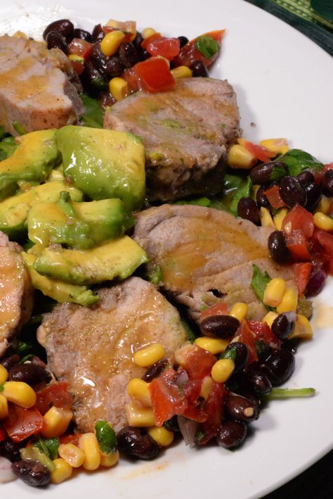 Grenada Calypso Roast Pork Black Bean Salad Recipe, Family Dinner Night, Pork Salad, Roasted Pork Tenderloins, Black Bean Salad, Roast Pork, Orange Sauce, International Food, Corn Salad