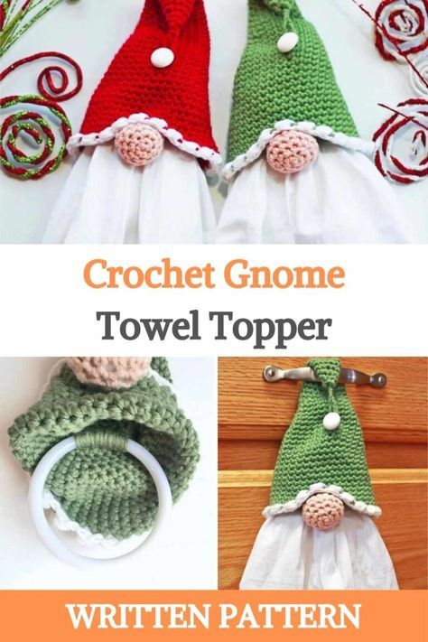 If you love gnomes as much as we do, you'll love how simple, easy, and fun it is to make this gnome towel topper! Perfect for gifts or to decorate your own kitchen/bathroom, this pattern can be made for Christmas or any time of the year, just change a bit the colors. This crochet project is made with cotton thread to define the stitches, but you may like acrylic more as it tends to be much more color-resistant than cotton. The best part about this: the towel is removable for easy washing. ... Gnome Towel Hangers, Crochet Gnome Towel Holder Free Pattern, Crochet Gnome Potholder, Gnome Crochet Towel Topper, Crochet Christmas Kitchen Patterns, Gnome Kitchen Towels, Gnome Kitchen Towel Holder, Crochet Gnome Towel Holder, Crochet Christmas Towel Holder