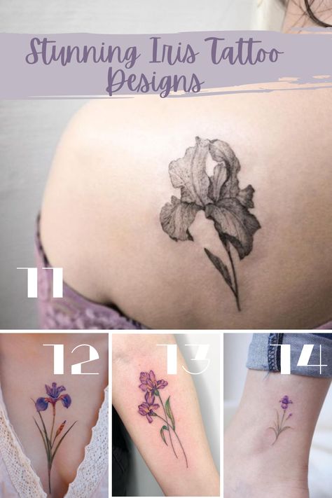 Beautiful Iris Tattoo Ideas Designed - Tattoo Glee Iris Flower Tattoo Black, Simple Iris Tattoo, Purple Iris Tattoo, Rose Heart Tattoo, Iris Flower Tattoo, Iris Tattoo, Flower Tattoo Meanings, Ribcage Tattoo, Flower Wrist Tattoos