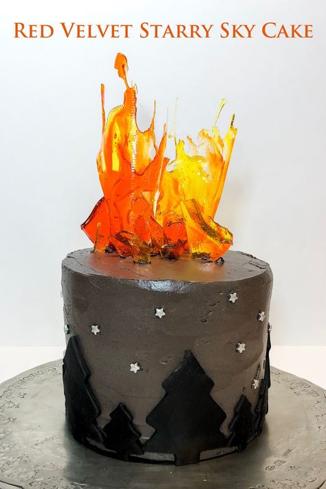 Red velvet cake, black cocoa buttercream, and isomalt flames create this cake inspired by author Jennifer Moorman's magical realism story, Starry Sky July. Mystic Water Series. Isomalt Flames, Elemental Cake, Mountain Cakes, Sky Cake, Fire Fighter Cake, Fire Cake, Mountain Cake, Volcano Cake, Black Cocoa