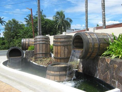 Wine Barrel Water Feature, Barrel Water Feature, Barrel Fountain, Wine Barrel Bar, Water Wall Fountain, Barrel Projects, Pond Water Features, Backyard Water Feature, Wine Crate