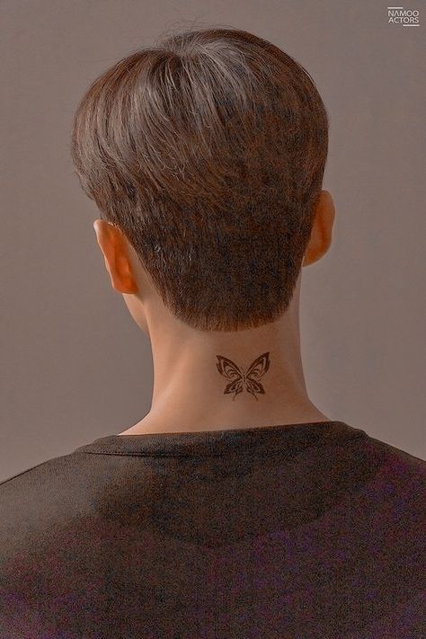 Butterfly Tattoo On Neck Men, Park Jae Eon Tattoo, Song Kang Tattoo, Butterfly Neck Tattoo Men, Butterfly Tattoo For Men, Simple Neck Tattoos, Block Haircut, Haircut Aesthetic, Mens Butterfly Tattoo