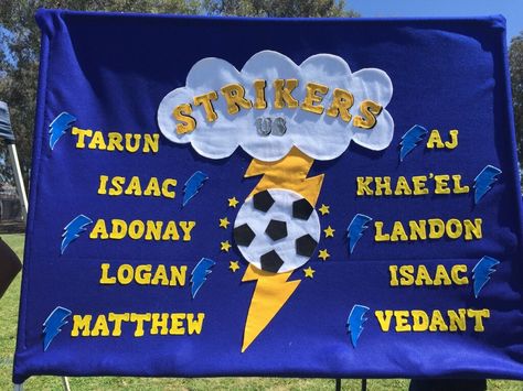 Soccer Banner - Fall 2016 #AYSO #strikers #lightening #bolt #soccer #soccerbanner #soccerball #soccerseason Soccer Team Banner Ideas, Soccer Banner Ideas, Soccer Team Banners, Soccer Snacks, Sports Banners, Soccer Banners, Flag Ideas, Team Banners, Homecoming Floats