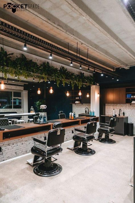 Industrial Barbershop, Modern Barber Shop, Barbershop Design Interior, Parlour Design, High End Interior Design, Barber Shop Ideas, Gerobak Dorong, Barber Shop Interior, Barbershop Ideas