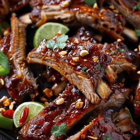 Thai Style Sweet Chili Ribs - Recipes, Tasks & Tools Thai Style Sweet Chili Ribs, Dried Thai Chili Pepper Recipes, Sweet Chili Pork Chops, Thai Chili Pepper Recipes, Ribs Marinade Recipe, Dogs Recipes, Ribs Recipes, Bbq Sauce Ingredients, Beef Back Ribs