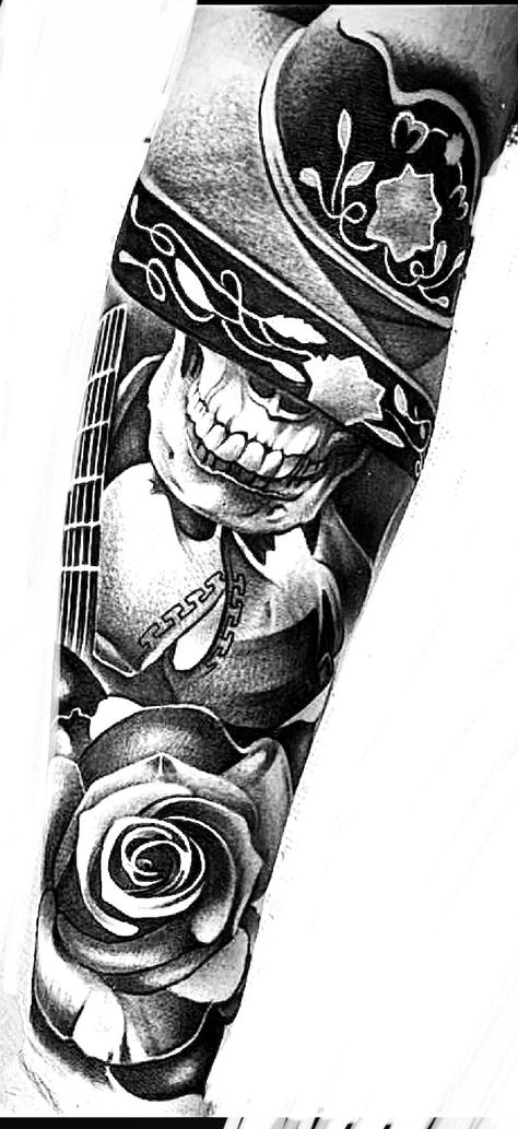 Charro Skull Tattoo, Charro Tattoo Design, Mexican Skull Tattoos, Chicano Tattoos Sleeve, Mexican Tattoo, Aztec Tattoo Designs, Chicano Style Tattoo, Western Tattoos, Chicano Tattoos