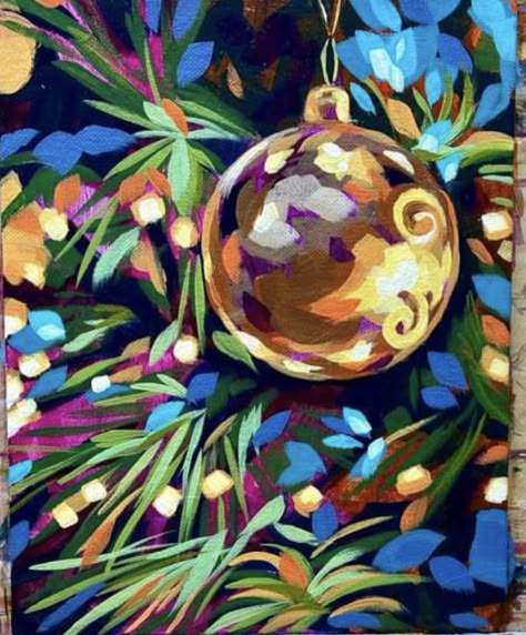 Paintings Of Christmas Lights, Painting Of Christmas Ornaments, Large Christmas Painting, Ornament Painting On Canvas, Christmas Ornament Painting On Canvas, Modern Christmas Painting, Gouache Christmas Painting, Christmas Painting Ornaments, Abstract Winter Painting