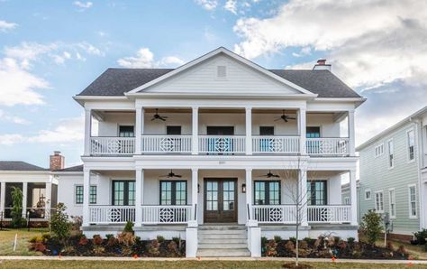 Stacked Porches, Open Concept Living Room, Rustic Curtains, Modern Mansion, Southern Home, Best House Plans, Colonial House, Stone House, Rustic Gardens