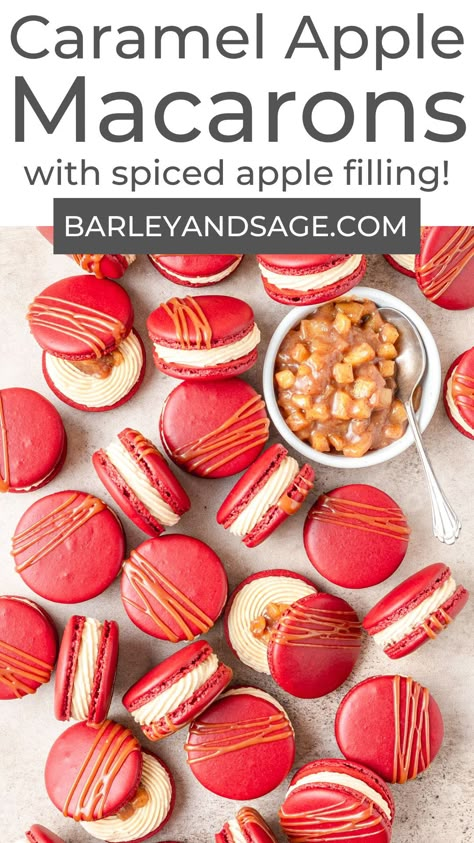 Caramel Apple Pie Macarons Marshmallow Macaron Filling, Christmas Macaron Ideas, Pumpkin Pie Macarons, Thanksgiving Macaron Flavors, Caramel Apple Macarons, Apple Pie Macarons, Apple Macarons, Macarons Flavors, French Macarons Flavors