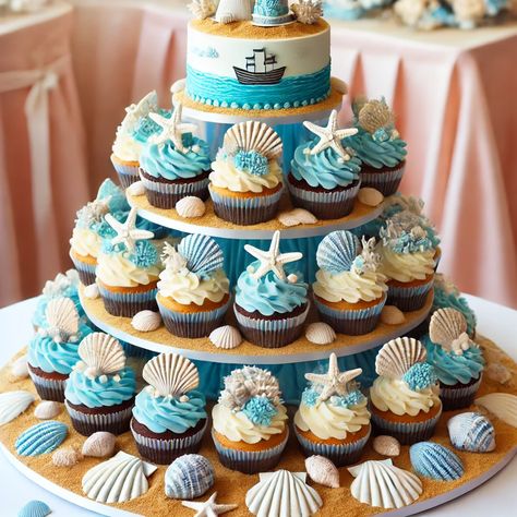 Images of Cupcake Cake Wedding Cake 4 Blue Beach Themed Birthday Party, Sea Themed Cupcakes, Sailor Theme Cake, Coastal Cupcakes, Cupcake Cake Wedding, Boho Wedding Cupcakes, Nautical Party Food, Wedding Cupcake Cake, Nautical Cupcakes