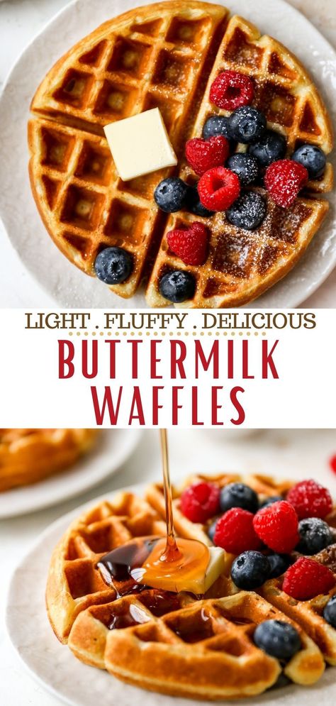 Start your day off with a warm mug of coffee and homemade buttermilk waffles and everything is just right with the world. This buttermilk waffles recipe is easy to make and results in fluffy waffles that are perfectly crisp on the outside, soft on the inside, and filled with the most delicious buttery flavor! The best addition to any breakfast or brunch spread! Waffle Recipe With Buttermilk, Homemade Buttermilk Waffle Recipe, Waffle Buttermilk Recipe, Waffles With Buttermilk, Waffles Recipe Homemade Buttermilk, Best Buttermilk Waffles, Waffles Buttermilk, Buttermilk Waffle, Waffle Recipe Buttermilk