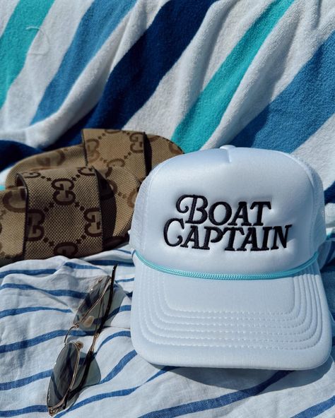 tag your boat captain 👨‍✈️ 💙 #kenzkustomz #boatcaptain #taptoshop Lake Bachelorette Party, Lake Bachelorette, White Trucker Hat, Navy Embroidery, Lake Days, Lake Girl, Neoprene Bag, Boat Captain, Kimono Sweater