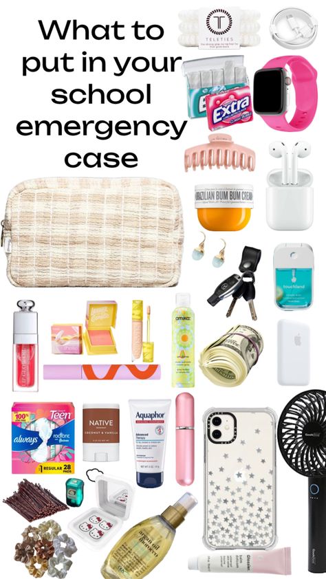 Back to school << School Emergency Kit, School Backpack Essentials, High School Bags, Preppy School Supplies, Everyday Bag Essentials, School Must Haves, After School Routine, Preppy Gifts, School Bag Essentials