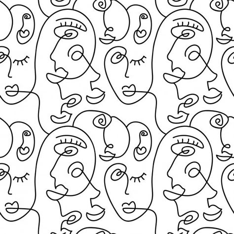 One line drawing abstract face seamless ... | Premium Vector #Freepik #vector #pattern Faces Black And White, Line Drawing, Premium Vector, Facial, Vinyl, Black And White, White, Black, Art