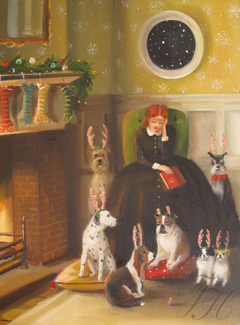 Impressioni Artistiche : ~ Janet Hill ~ Christmas Moon Christmas, Christmas Lesson, Janet Hill, Dogs Christmas, Reindeer Antlers, Christmas Illustration, Whimsical Art, Christmas Cats, Christmas Art