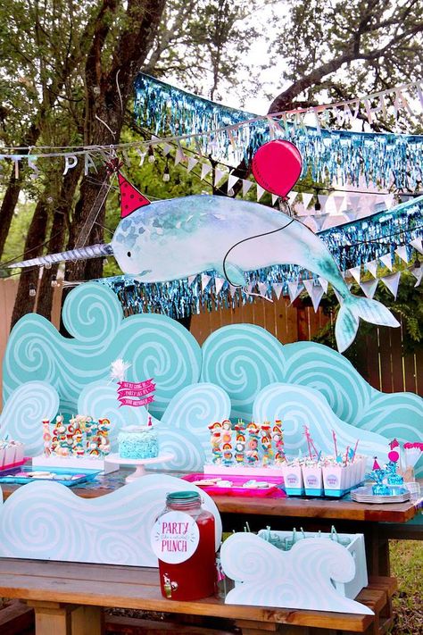 Narwhal Birthday Party, Hot Pink Cakes, Pink Cake Toppers, Sea Party Ideas, Ocean Birthday Party, Animal Party Theme, Ocean Birthday, Cake Banner Topper, Animal Birthday Party