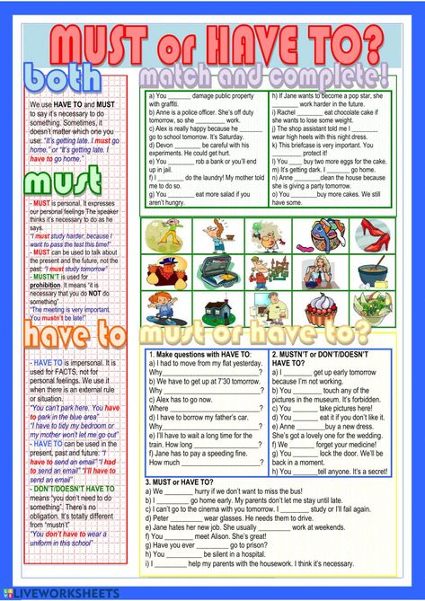 Must or Have to? - Interactive worksheet Teaching Worksheets, Proper English, English Teaching Materials, Grammar Exercises, English Worksheet, English Exercises, School Tomorrow, A Worksheet, Grammar Rules