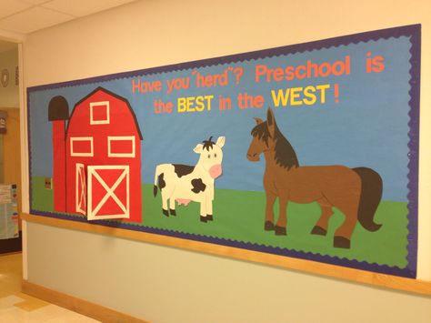 The farm themed bulletin board I made for preschool. The barn doors open and there's a pig and a haystack inside :) Farming Bulletin Board Ideas, Pig Bulletin Board Ideas, Farm Classroom Theme Decor, 3s Preschool, Farm Bulletin Board, Farm Vbs, Farm Classroom, Farm Classroom Theme, Classroom Theme Decor