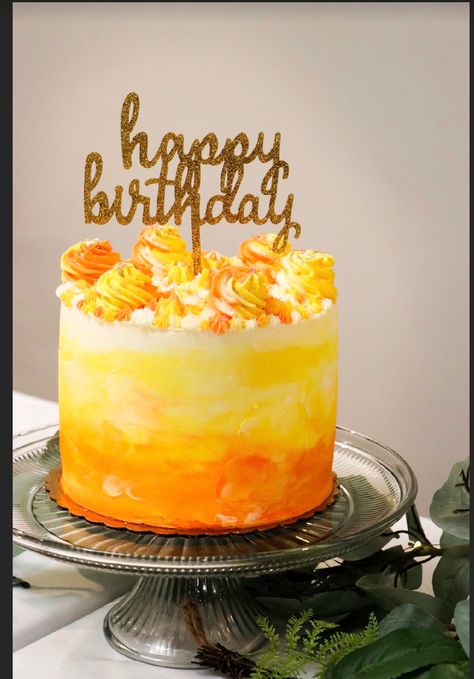 Yellow/orange ombre custom birthday cake from braegs Orange Color Cake, Orange Cake Decoration, Yellow Birthday Cake, Orange Birthday Cake, Ombré Cake, Neon Cakes, Bike Cakes, Butterscotch Cake, Cake With Flowers