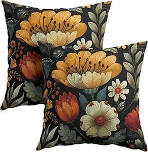 Kcozydecor Vintage Boho Floral Pillow Covers 18x18 Inches Yellow Beige Black Throw Pillow Case Set of 2 Spring Flower Pillow Cover Cotton Linen Cushion Cover for Home Couch Sofa Bedroom Livingroom Flower Pillows, Floral Pillow Covers, Car Porch, Party Bedroom, Indian Pillows, Black Throw Pillow, Black Throw Pillows, Floral Throw Pillow, Vintage Cushions