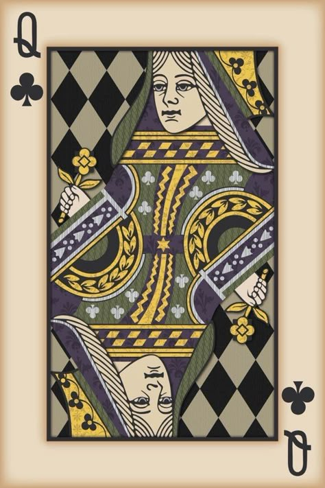 Queen Of Clubs Card, Playing Card Pattern, Art Playing Cards, Playing Card Print, Queen Of Clubs, Playing Cards Art, Medieval Ages, Rice Paper Decoupage, Playing Cards Design