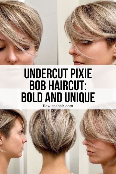 Undercut Pixie Bob Haircut Undercut To Grow Out Pixie, Asymmetrical Pixie Bob Haircut, Pixie Bob For Thinning Hair, Hair Shorter On One Side Bob, Bob Short In The Back, Layered Undercut Pixie, Very Short Layered Bob Haircuts, Tucked Behind The Ear Hairstyles Short, Bobs With Undercut Shaved Sides