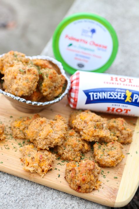 Pimento Cheese Sausage Balls Palmetto, Pimento Cheese Sausage Balls, Pimento Cheese Appetizer, Sausage Ball Recipe, Melting Potatoes Recipe, Pimento Cheese Sandwich, Cheese Sausage Balls, Sausage Ball, Palmetto Cheese