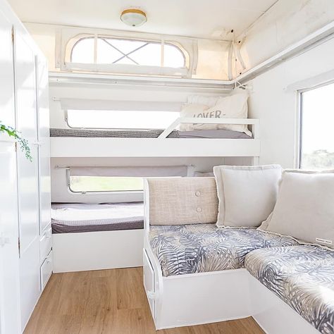 Bunk Bedding, Caravan Bunk Beds, Pop Up Caravan, Caravan Bunks, Tina Armstrong, Caravan Renovation Diy, Rv Bunk Beds, Caravan Interior Makeover, Diy Caravan