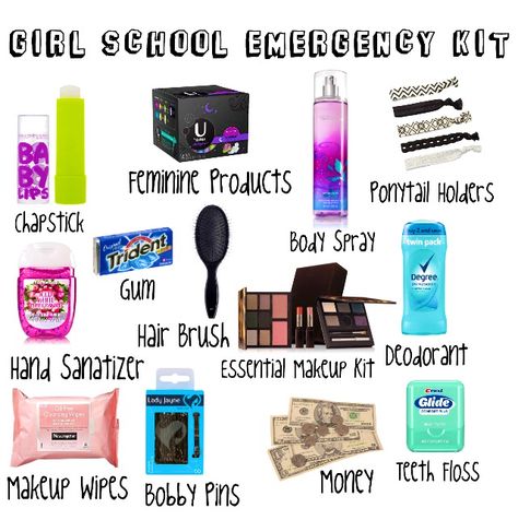 Everything a girl needs in her school emergency kit. Be prepared for any emergency! Pencil Case Organization, Schul Survival Kits, Emergency Kit For Girls, School Emergency Kit, Middle School Survival, Back To University, Middle School Hacks, School Survival Kits, Diy Pencil Case