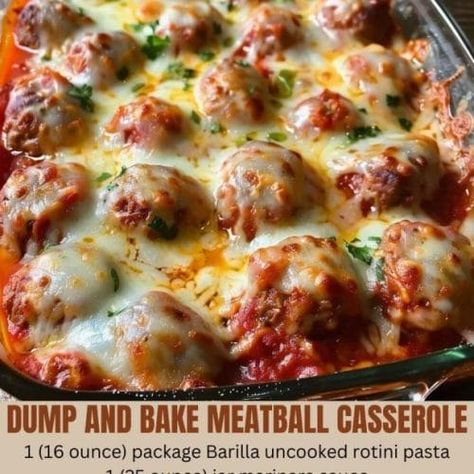 DUMP AND BAKE YOUR WAY TO A FANTASTIC MEATBALL CASSEROLE Lasagna Hotdish, Crock Pot Bbq Beef, Pasta Dump, Easy Dump Dinners, Dump And Bake Recipes, Dump And Bake Meatball Casserole, Meatballs Casserole, Baked Pasta Recipes Easy, Casseroles Crockpot