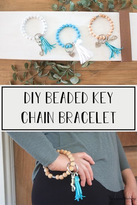 DIY Key Chain Bracelet – The Inspired Workshop Diy Wood Bead Bracelet Keychain, Diy Key Bracelet, Diy Personalized Jewelry, Diy Beaded Wrist Keychain Bracelets, Diy Beaded Keychain Bracelet, Key Ring Bracelet Diy, How To Make Silicone Bead Keychain Bracelet, Silicone Bead Keychain Bracelet Diy, Wood Bead Key Chains