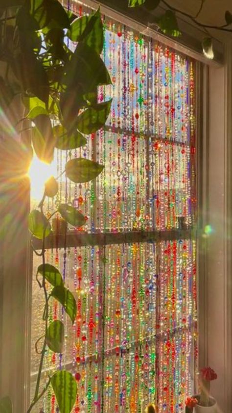 Glass Bead Window Curtain, Beaded Curtains Window Sun Catcher, Window Beads Curtains Diy, Crochet Beaded Curtain, Glass Bead Curtain Diy, Beaded Curtain Pattern, Beads Curtain Ideas, How To Make A Beaded Curtain, Bead Curtain Diy