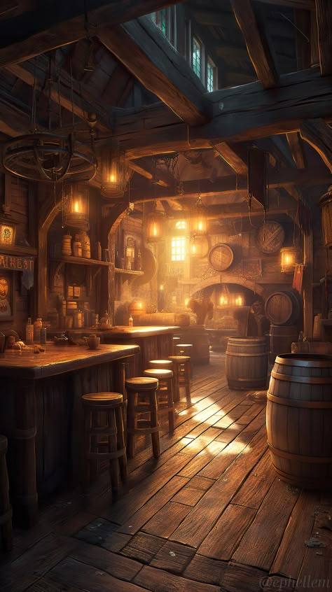 Medieval Tavern Interior, Tavern Interior, Medieval Tavern, Fantasy Village, Fantasy Town, Fantasy Rooms, Fantasy Homes, Fantasy House, Fantasy City