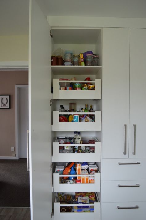 Smart and efficient pull out pantry storage system from Ritma. Photo kindly supplied by Sarah Smith, designer at Oakleigh Fine Furniture, Woolston, Christchurch
All drawers fully extend for good visibility and easy access to contents
Classic round or contemporary square side rail options (both have square front rail)
Kits include drawer sides, drawer runners, front and rear brackets, cover caps and side railings
Suits cabinet sizes up to 1200mm wide and a minimum of 1370mm high Pullout Drawers In Cabinet Pantry, Kitchen Pantry Drawers, Pantry Pull Out Drawers, Pantry Pullout, Kitchen Carpentry, Kitchen Pullout, Minimalist Kitchen Cabinets, Texture Architecture, Cabinet Sizes