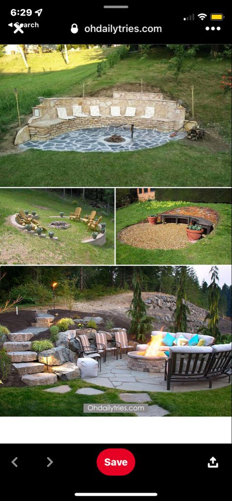 Diy Backyard Slope Ideas, Backyard Landscaping Different Levels, Hill Yard Landscaping, Outdoor Patio Ideas On A Hill, Diy Patio On Sloped Yard, Backyard Landscaping With Hill, Sloped Backyard Patio, Slanted Yard Landscaping, Sloped Yard Fire Pit