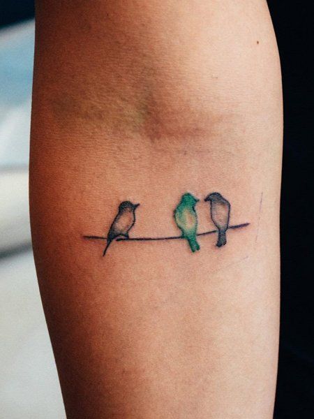 Three Little Birds Tattoo Small Tattoos Birds Simple, Bird Tattoo Matching, Bird Tattoos For Women Wrist, Bird Name Tattoo, Mom Bird Tattoo, Family Bird Tattoo Ideas, Bird On Wire Tattoos, Three Way Tattoos, Tiny Bird Tattoos For Women Wrist