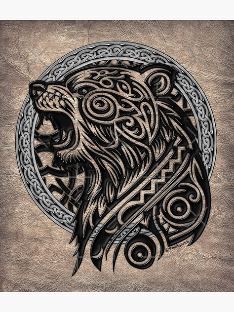 Norse Mythology Animals, Cool Bear Tattoos, Celtic Bear Design, Jormungandr Tattoo Norse Mythology, Bg3 Tattoo Ideas, Nordic Bear Tattoo, Celtic Bear Tattoo, Viking Bear Tattoo, Bear Head Tattoo