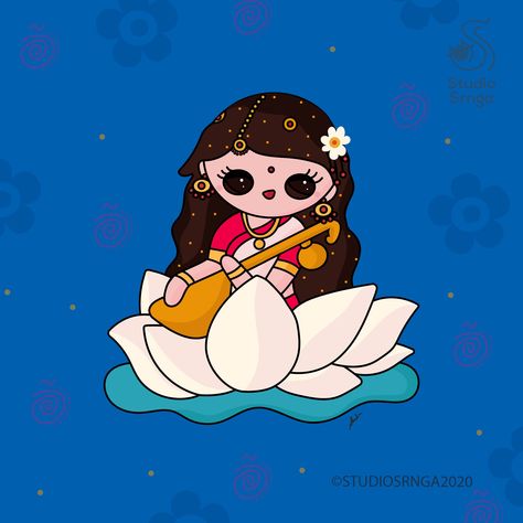 Saraswati, the goddess of learning Saraswati Goddess Cute Cartoon, Saraswati Devi Drawing Easy, Saraswati Puja Aesthetic, Saraswati Drawing For Kids, Saraswati Painting Easy, Saraswati Cartoon, Saraswati Goddess Paintings Easy, Saraswati Goddess Paintings Abstract, Cute Saraswati Goddess