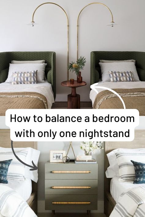 Not all bedrooms have two nightstands. Even though your taste may crave for symmetry, when you discover the potential of having asymmetrical design options (like having only one nightstand), a whole new world will open up to you. With this article, we’re happy to lead you to this new world… through four practical interior arrangement ideas: 1. Nightstand between two beds 2. Bed in the corner 3. Nightstand and dressing table 4. Counterbalance a single nightstand Click for the tips! Bed With Only One Nightstand, Night Stand Between Two Beds, Mix Matched Nightstands, Single Nightstand Bedroom Layout, Only One Nightstand In Bedroom, Mismatched Night Stands, Bedroom With 1 Nightstand, Guest Bedroom Nightstand Ideas, Single Nightstand Bedroom