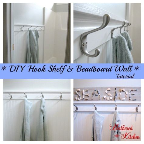 Diy Towel Hooks, Beadboard Wall, Hook Shelf, Bathroom Wall Hooks, Beadboard Bathroom, Bead Board Walls, Diy Hooks, Easy Weekend Projects, Diy Towels