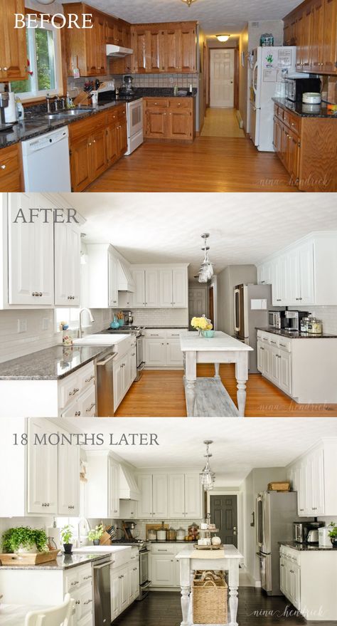 White Painted Kitchen Before, After, & 18 Months Later by @nina_hendrick Paint Cabinets White, Painting Oak Cabinets, Kitchen Ikea, Kitchen Cabinets Makeover, 아파트 인테리어, Diy Cabinets, Oak Cabinets, After Pictures, Kitchen Diy