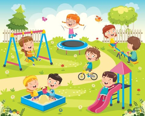 Picture Story For Kids, Picture Comprehension, Preschool Pictures, Kids Cartoon Characters, Kids Climbing, School Wall Art, Children Park, Park Pictures, 카드 디자인