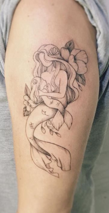 75 Trendy Mermaid Tattoos You Must See - Tattoo Me Now Baby Mermaid Tattoo, Traditional Mermaid Tattoos, Small Mermaid Tattoo, Mermaid Sleeve Tattoos, Heart Tattoos With Names, Little Mermaid Tattoo, Mermaid Tattoo Designs, See Tattoo, Shell Tattoos