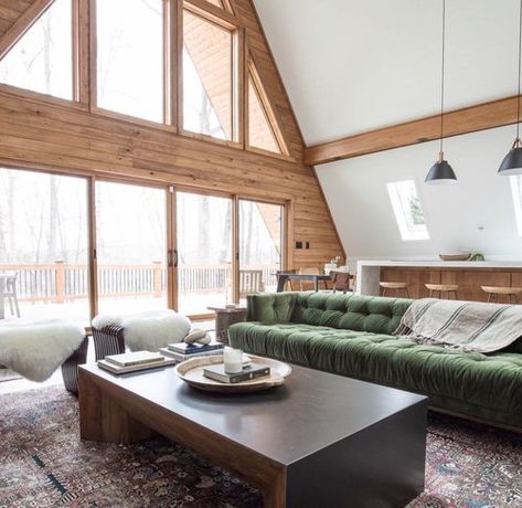 Scandi A Frame: $165/hr — Home Studio List Modern A Frame Cabin, Modern A Frame, Chris Loves Julia X Loloi, Lake Hartwell, Contemporary Cabin, Chris Loves Julia, Green Sofa, A Frame Cabin, House Beds