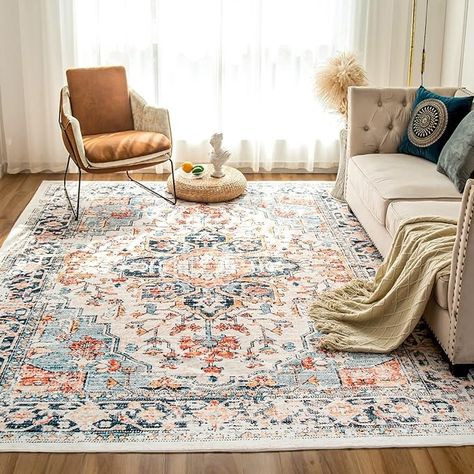 Amazon.com: VK VK·LIVING Machine Washable Rug 9'x12' Vintage Design Washable Area Rugs with Non Slip Rugs for Living Room Bedroom Traditional Woven Rug Carpet Stain Resistant,Rug Decor Office Boho Rug,Blue&Orange : Home & Kitchen Living Machine, Blue Boho Rug, Office Boho, Carpet Stain, Boho Carpet, Bedroom Traditional, Orange Home, Rugs For Living Room, Carpet Stains