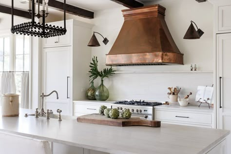 Kitchens With Copper Hoods, Copper Hood Range, Brass Oven Hood, Range Hood Copper, Copper Range Hood Ideas, Copper Stove Hood, Copper Oven Hood, Statement Range Hood, Copper Vent Hood Kitchen