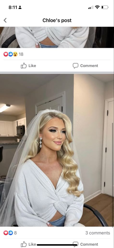 Volume Hair Down Wedding, One Side Pinned Back Hair Wedding With Veil, Hollywood Waves And Veil, Hollywood Waves With Curtain Bangs, Bridal Waves With Veil, Wedding Hair With Long Veil, Bridal Hollywood Waves With Veil, Veil With Hair Down, Bride Hair Down With Veil