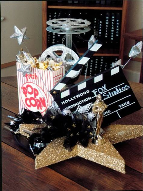 movie themed engagement party | centerpieces | Greenery Productions Hollywood Party Centerpieces, Engagement Party Centerpieces, Hollywood Sweet 16, Deco Cinema, Hollywood Birthday Parties, Oscars Party Ideas, Movie Night Theme, Hollywood Birthday, Hollywood Party Theme