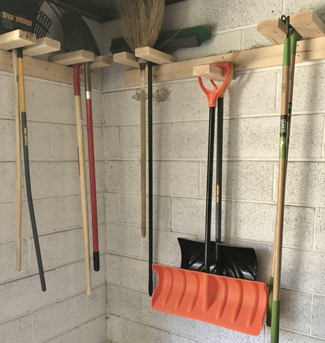 Gardening Equipment Storage, Tool Shed Layout, Snow Shovel Storage, Tool Shed Organizing Diy, Rake And Shovel Storage, Shovel Storage Garage, Diy Yard Tool Storage, Lawn Chair Storage Garage, Shovel Storage