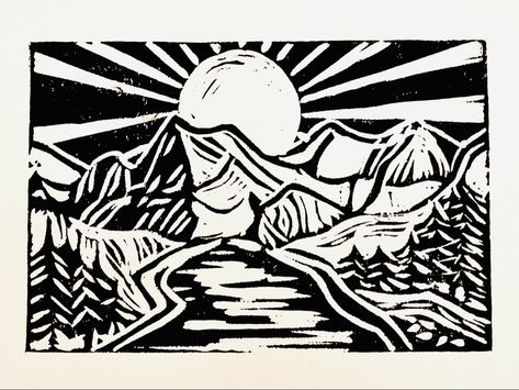 Lino Landscape, Mountain Linocut, Landscape Printmaking, Printmaking Landscape, Linocut Landscape, Linoleum Printmaking, Aurora Art, Relief Printmaking, Screen Printing Art